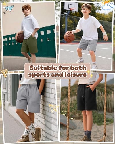 Boys' Athletic Shorts 3-Pack with Variations - Army Green, Gray, Black, 14-16 Years