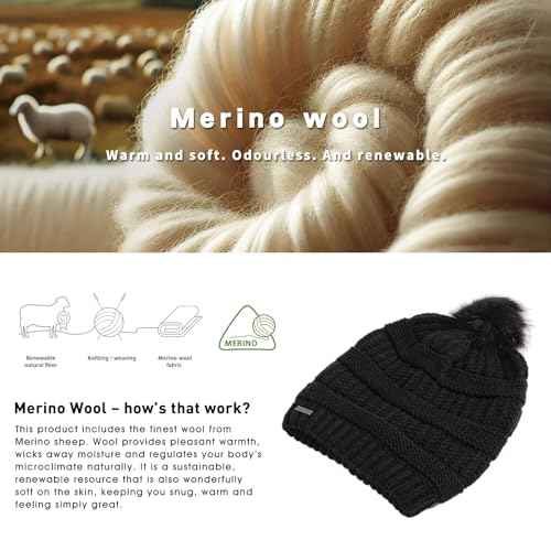 TOP-EX PolarWool¢â 100% Merino Wool Winter Slouchy Beanie for Women with Faux Fur Pom - Satin or Fleece Lined for Cold Weather