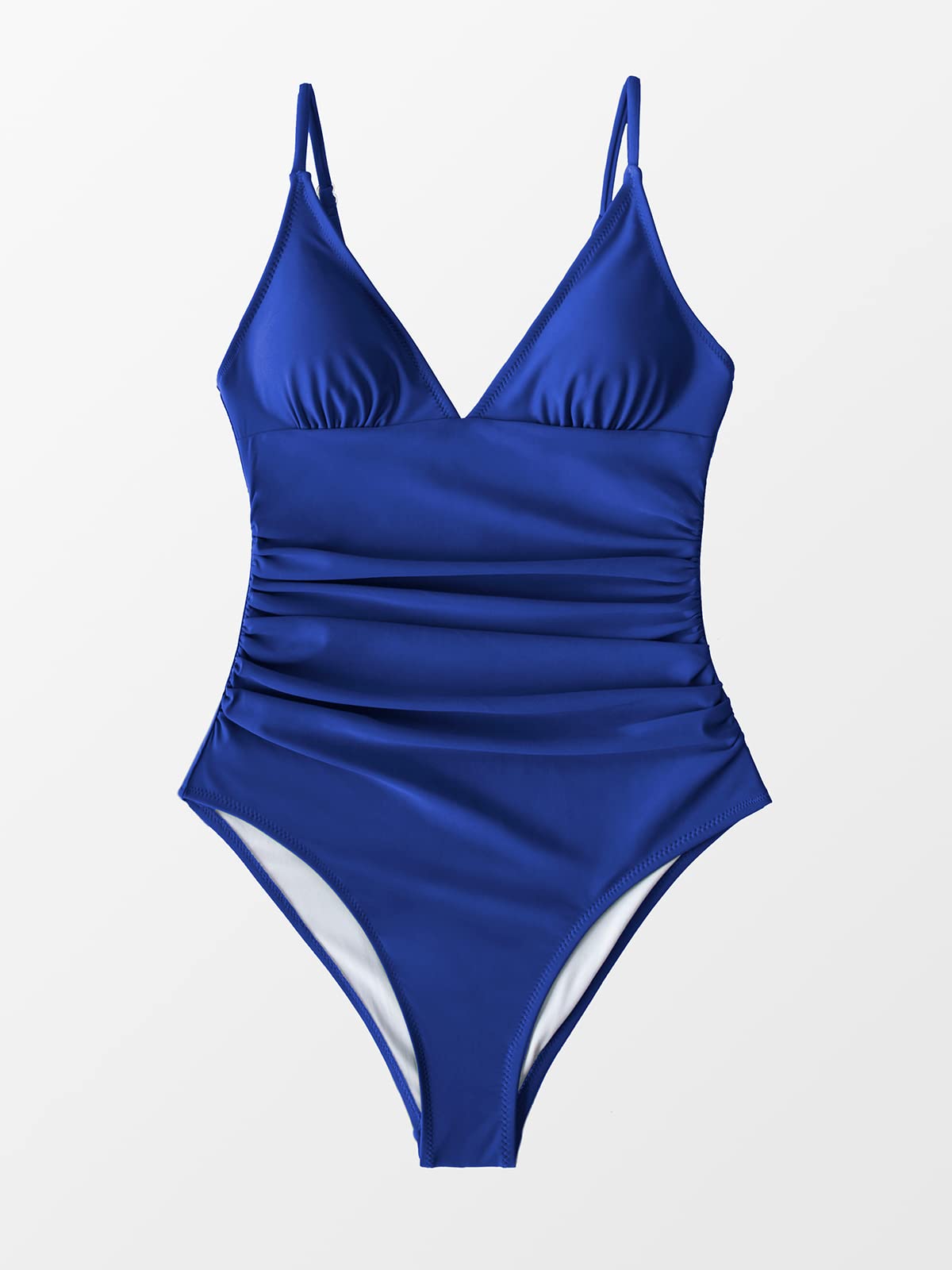 CUPSHE Women's One Piece Swimsuit Shirring Design V Neck Low Back Bathing Suit, Deep Blue, M