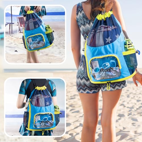 Neon Yellow & Blue Mesh Drawstring Swim Backpack with Shoe & Wet Pocket - Large Capacity