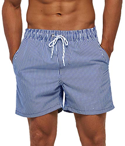 Men's Swimming Trunks - Large Blue Striped Swim Shorts for Summer Beachwear