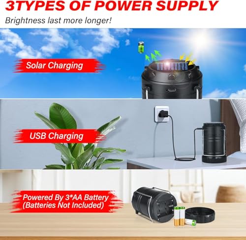 4 Pack 3-in-1 Solar Rechargeable Camping Lanterns with Power Bank, Magnetic Base, Hanging Hook, Collapsible Waterproof LED Lights