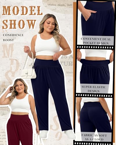 Women's Plus Size Flowy Yoga Lounge Pants 4 Pack - Black, Wine Red, Navy Blue, Dark Gray