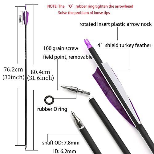 12 Pcs Purple Archery Carbon Arrows with 4-Inch Turkey Feathers for Hunting & Target Practice