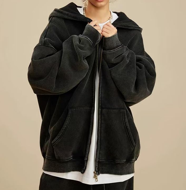Men's Zip-Up Hoodie Large Black Solid Oversized Hip-Hop Casual Sweatshirt