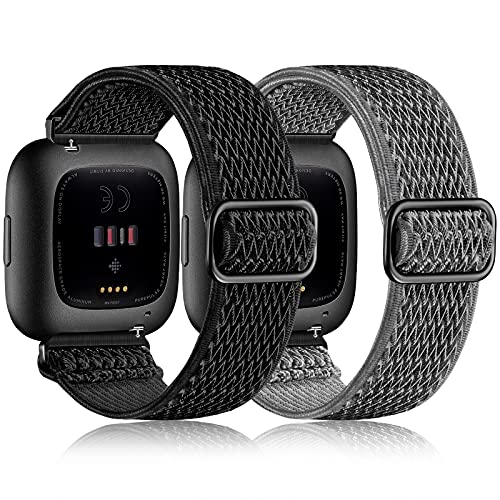 Stretchy Nylon Watch Band for Fitbit Versa 2 - Black/Grey Adjustable Strap