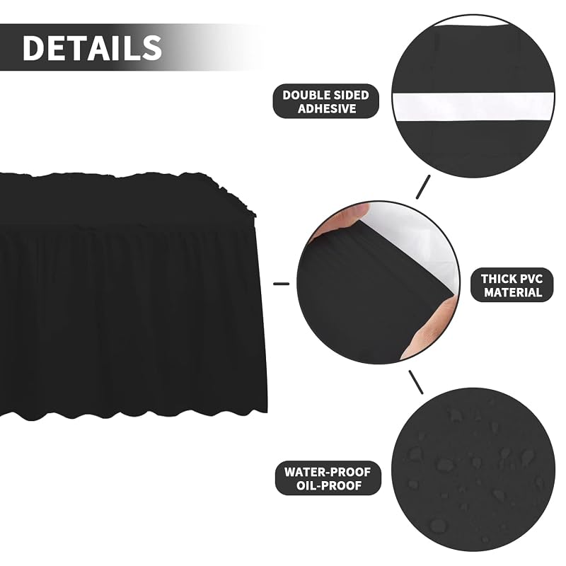 4 Pack Table Skirt 29 in x 14 ft Disposable/Reusable Table Cover – Black, Adhesive Edge Skirts for Rectangle or Round Tables