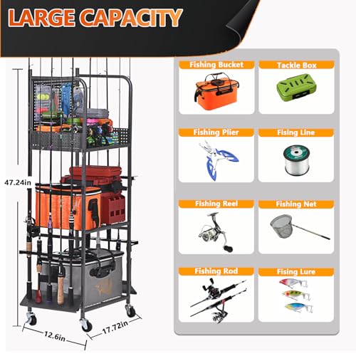 Heavy Duty Fishing Rod Rack with Wheels - Garage Organizer for Fishing Gear