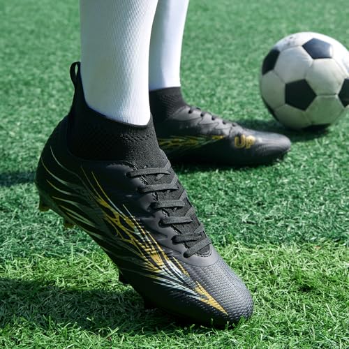 Soccer Cleats for Men and Women High Tops Lace Up Football Shoes - 9.5 Women / 8 Men Black FG