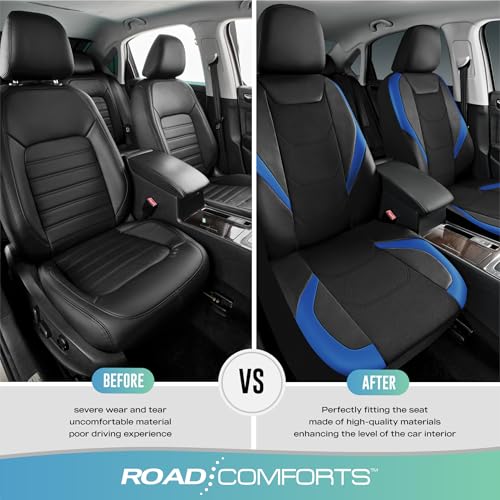 Road Comforts Car Seat Cover, Leather Mesh Front Seat Cover, Universal Fit for Most Cars, SUVs, Trucks, and Vans, Airbag Compatible - Blue
