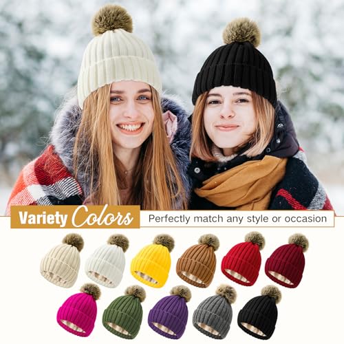 Satin Lined Beanie for Women Knit Winter Hats Silk Lined Womens Beanie with Detachable Pom Pom