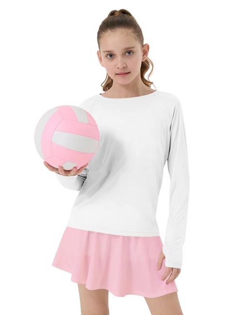 CHALLMOTI Girl's Rash Guard Swim Shirts Sun Shirt UV Protection Long Sleeve Tops Quick Dry Lightweight UPF 50+ White M