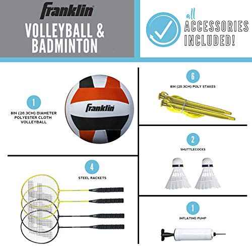 Franklin Sports Volleyball + Badminton Combo Sets - Backyard + Beach Outdoor Volleyball + Badminton Net Set - Portable Badminton + Volleyball Net with Poles - Volleyball, Rackets + Birdies Included
