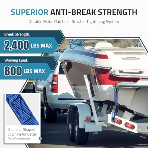 Manual Boat Trailer Tie-Down Straps 1in x 4ft, 2400 lbs Adjustable Marine Ratchet with Quick Release & Anti-Scratch Hooks - Pair