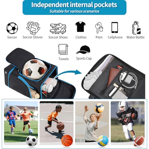Soccer Backpack with Ball Holder, Shoe Compartment & Insulated Cooler Pocket - Black Blue, 2025 Variant