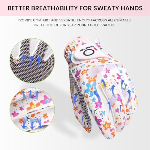 Women’s Golf Gloves with Extra Grip 3 Pack - Left Hand Flower & Macaron Pink, Small