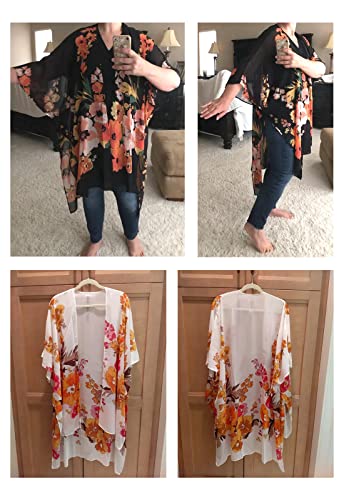 Women's Boho Sheer Kimono Cover Up - White Floral, One Size