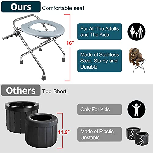 Portable Camping Toilet Seat 16-Inch Stainless Steel Foldable Travel Toilet for Adults