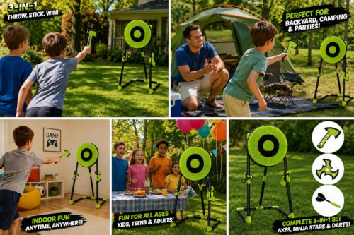 Leeray 3-in-1 Axe Throwing Game Set with 18-Inch Bristle Target and Stand - Black and Green