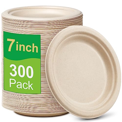 Brown 7 Inch Compostable Paper Plates - 300 Pack, Eco-Friendly & Durable