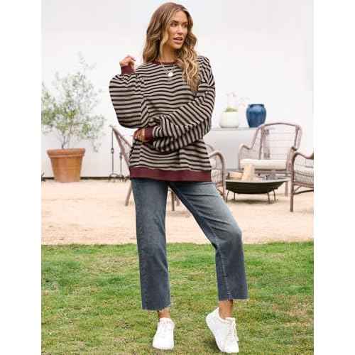 UEU Women Oversized Striped Crewneck Sweatshirt Long Sleeve Color Block Pullover Tops Casual Loose Workout Shirt