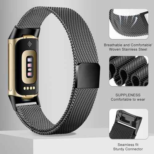 surundo Compatible with Fitbit Charge 6/Charge 5 Bands for Wmen Men, Metal Mesh Milanese Loop Adjustable Strap Replacement for Fitbit Charge 6/Charge 5 Advanced Fitness & Health Trackers