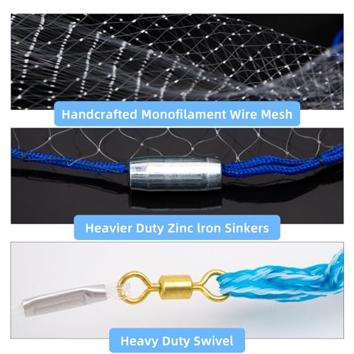 Cast Net for Bait Trap Fish 1/2 Inch Mesh, 9ft Radius with Repair Kit