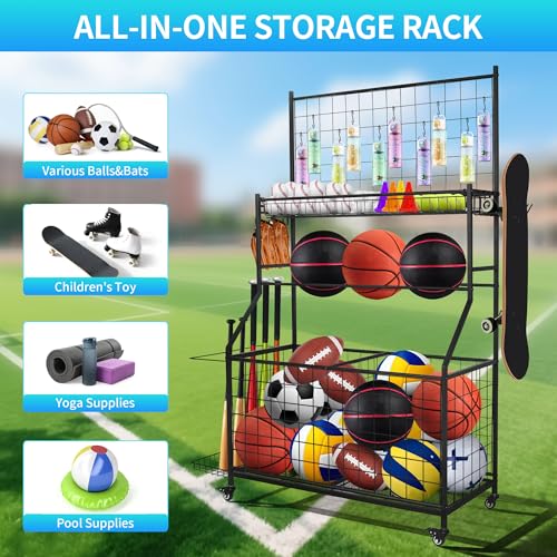 Black Sports Equipment Organizer with Ball Rack & Hooks - Garage Storage Cart
