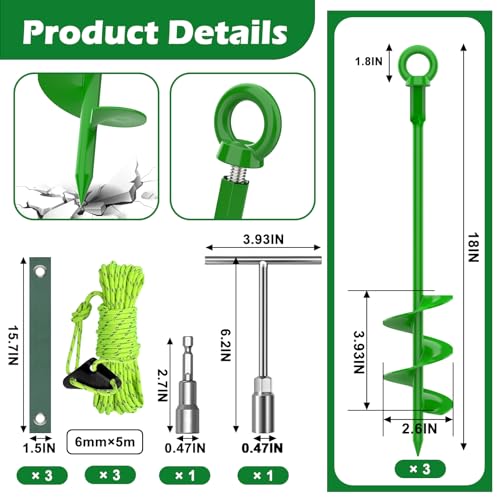 Tree Stake Kit 3-Pack for Leaning Trees, 18-Inch Support Stakes with Straps - Green-03