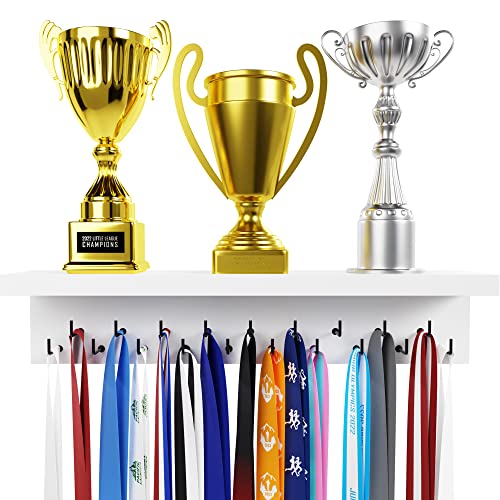EVERMORE Medal Hanger Display and Trophy Shelf with Hooks - Wooden Medal Holder for Wall Mount Ribbon Display, Trophy Display Shelf for Gymnastics, Soccer, Running Race Medals Awards Rack