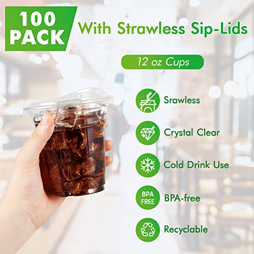 Clear Plastic Cups with Sip Lids - 12 oz, 100 Pack, Strawless Design