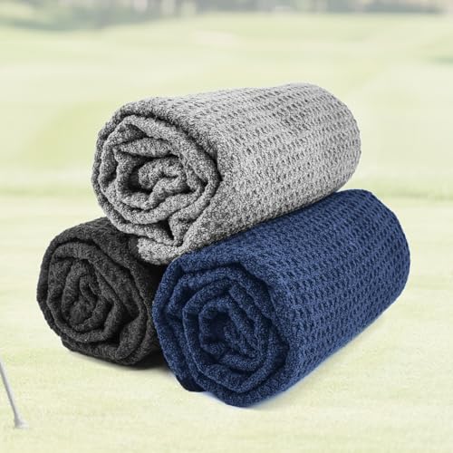 Small Microfiber Golf Towels with Carabiner Clip - 3 Pack, Waffle Pattern, 16x16 Inch for Club Cleaning - Yaozoon