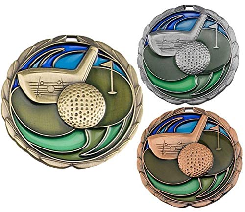 Decade Awards Golf Medal, Gold - 2.5 Inch Wide | First Place Golf Tournament Medal with Stars & Stripes Neck Ribbon