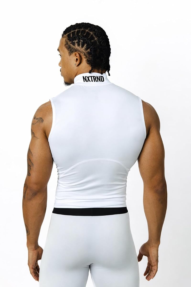Nxtrnd Men's Turtleneck Compression Tank Top - Sleeveless Mock Neck, White, Medium
