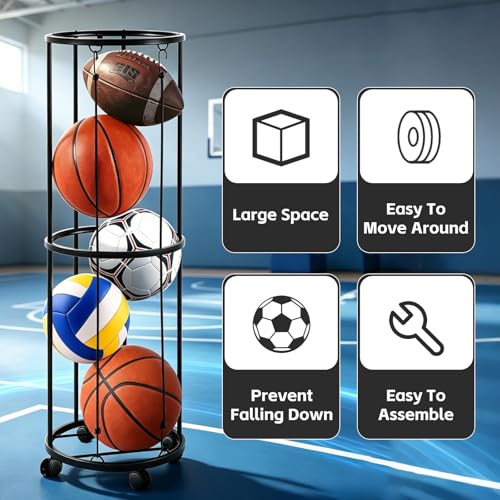 Heavy Duty Black Rolling Ball Storage Rack for Sports Equipment - Fits Basketball, Soccer, Volleyball, Football - Qevylentte
