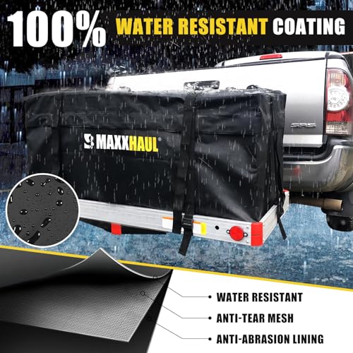 MaxxHaul 70209 Soft Shell Cargo Carrier Bag for Hitch Mount Cargo Rack - Heavy Duty and Water Resistant 47 inch 20 inch x 20 inch Black with Tie Down Straps