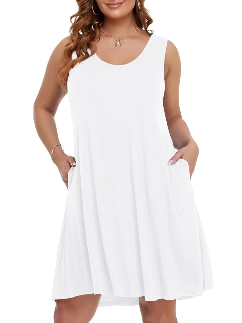Plus Size Tie Dye Sleeveless Sundress with Pockets - Beach Casual Tank Dress (White, 2X)
