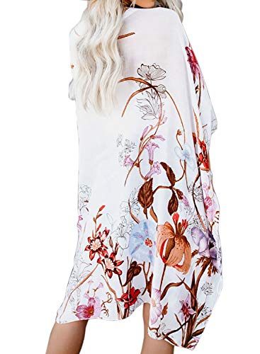 Women's Boho Sheer Kimono Cover Up - White Floral, One Size