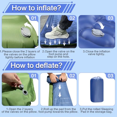 Double Sleeping Pad for Camping Blue - Extra Thick 5 Inch Self-Inflating Mattress for 2 Persons with Built-In Foot Pump