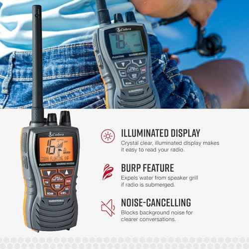 Cobra MR HH350 FLT Handheld Floating VHF Marine Radio - 6 Watt, Submersible, Noise Cancelling Mic, Backlit LCD Display, NOAA Weather, and Memory Scan, Grey