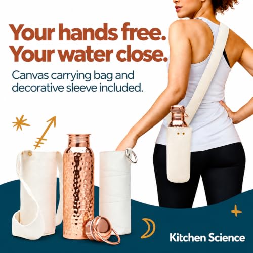 Pure Hammered Copper Water Bottle 34 oz with Handle & Canvas Sleeve