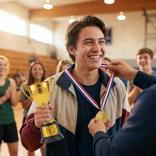 1st Place Trophy and Medal Set - Gold Plastic Trophy with Medal for Sports and School Awards