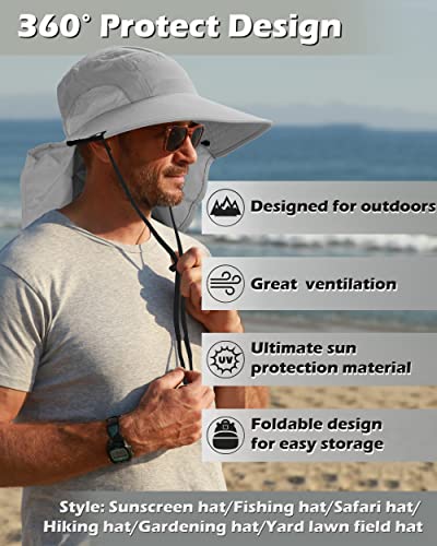 Wide Brim Sun Hat with Neck Flap for Men & Women - One Size Gray