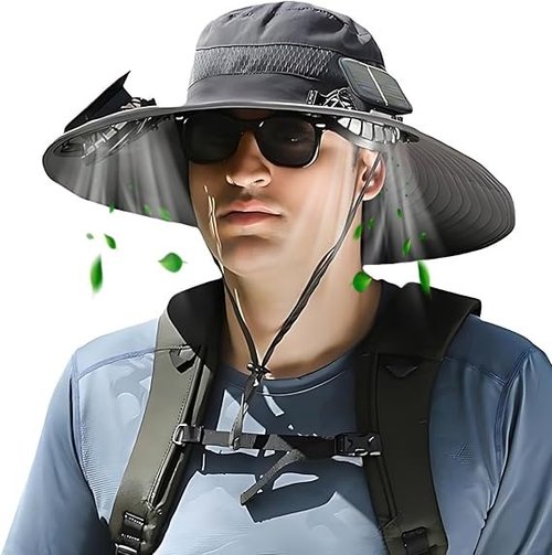 UPF 50+ Outdoor Wide Brim Sun Hat with Built-in Solar Fan - Ideal Fishing & Beach Bucket Hat for Men and Women Black