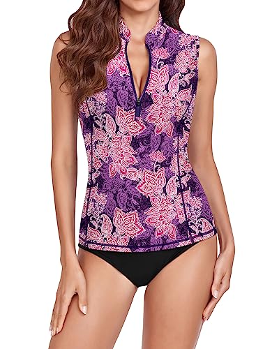 Women Rash Guard Tankini Swim Shirt with Zipper and Built-in Bra - Purple Floral, Medium