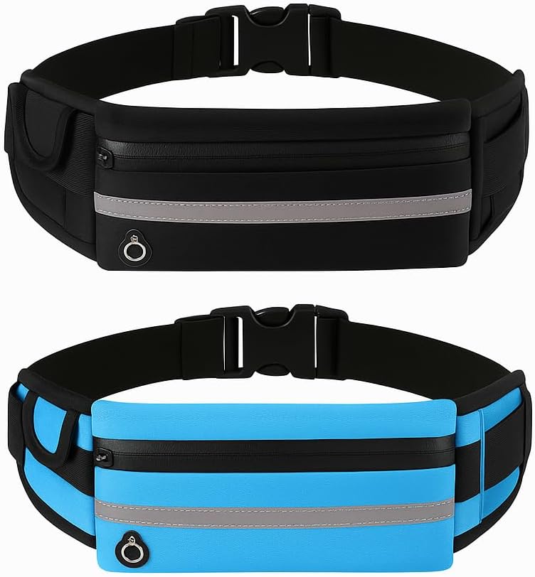 2-Pack Waterproof Running Belts – No-Bounce, Adjustable Waist Packs with 3 Pockets & Reflective Strips – Slim Fanny Packs for All Phones, Men & Women – for Running, Travel & Hiking