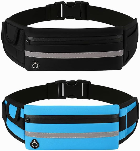 2-Pack Waterproof Running Belts – No-Bounce, Adjustable Waist Packs with 3 Pockets & Reflective Strips – Slim Fanny Packs for All Phones, Men & Women – for Running, Travel & Hiking