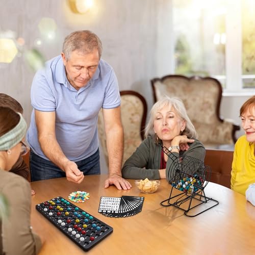 Family Bingo Game Set with Metal Cage and Chips for Kids & Adults