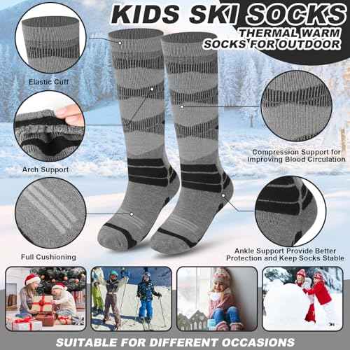Winter Warm Kids Ski Socks - 2 Pairs Merino Wool Thermal Skiing Socks for Boys, Girls, Youth, Toddlers