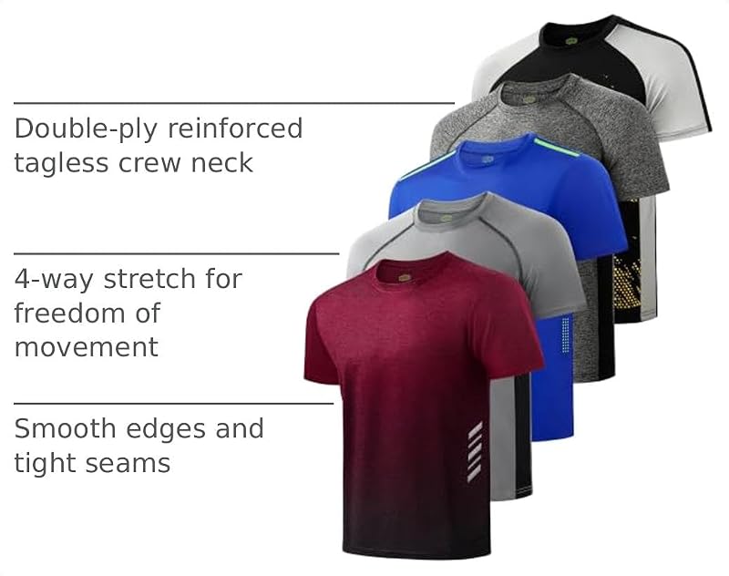 5 Pack Boys Athletic T-Shirts Dry Fit – Quick-Dry Active Tees with Variation: Black, Gray, Navy, Maroon, Mixed